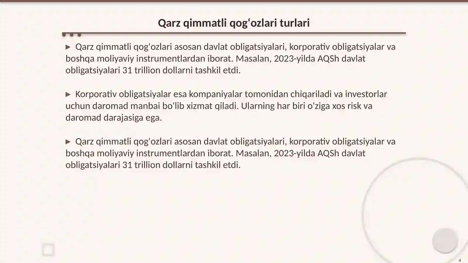 Qarz va ulush munosabatlarini ifodalovchi qimmatli qogʻozlar 4