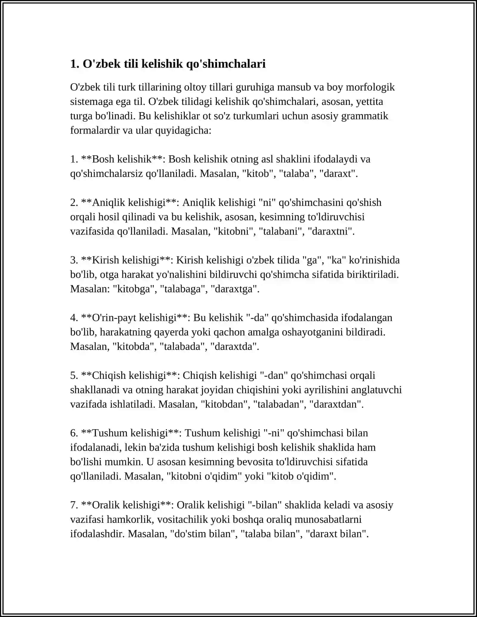 O'ZBEKCHA KELISHIK QO'SHIMCHALARINING UYG'UR, TURKMAN, QORAQALPOQ, QOZOQ, QIRĢIZ MATNLARIDA MUVOFIQLIGI 4