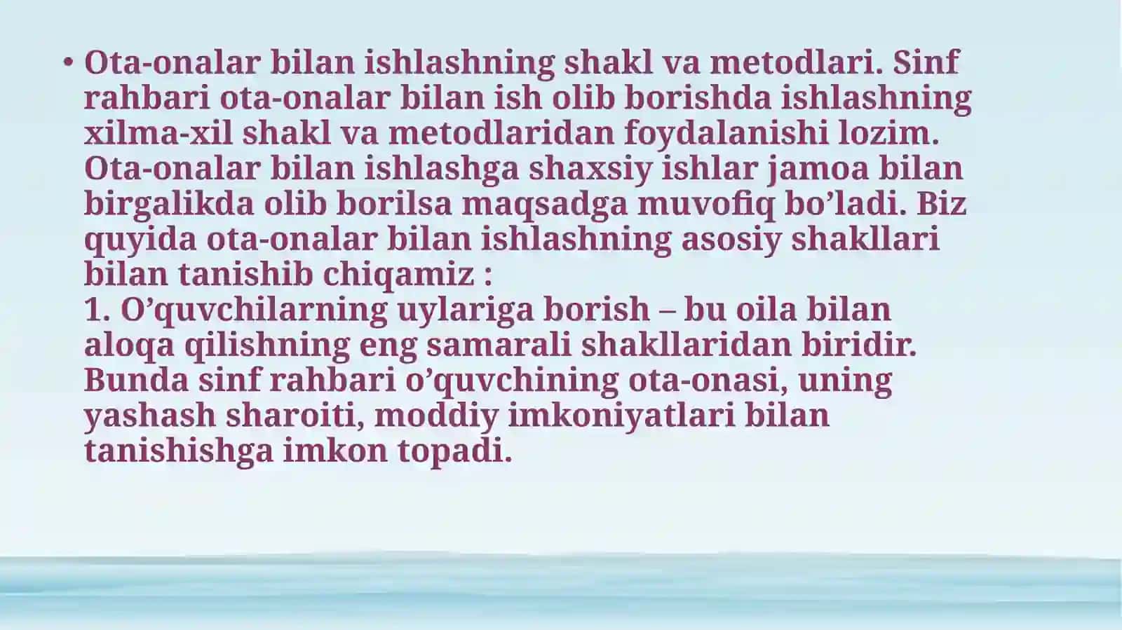 Ta’lim muassasasi o‘quvchilarning ota-onalari bilan olib boradigan ish shakl va metodlari 4
