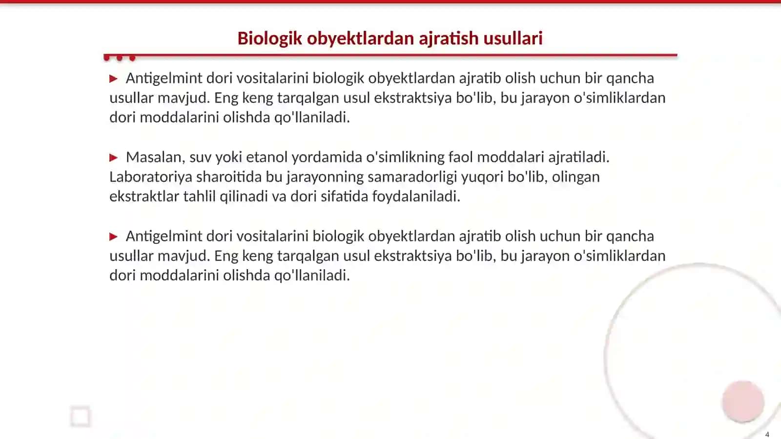 Antigelmint dori vositalari. Biologik obyektdan ajratib olish va tahlil qilish 4