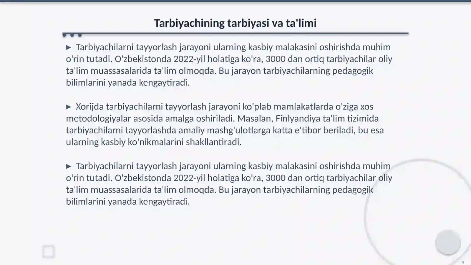 Tarbiyachi va uning jamiyatda tutgan oʻrni. Xorijdagi MTT tarbiyachilari faoliyati 4