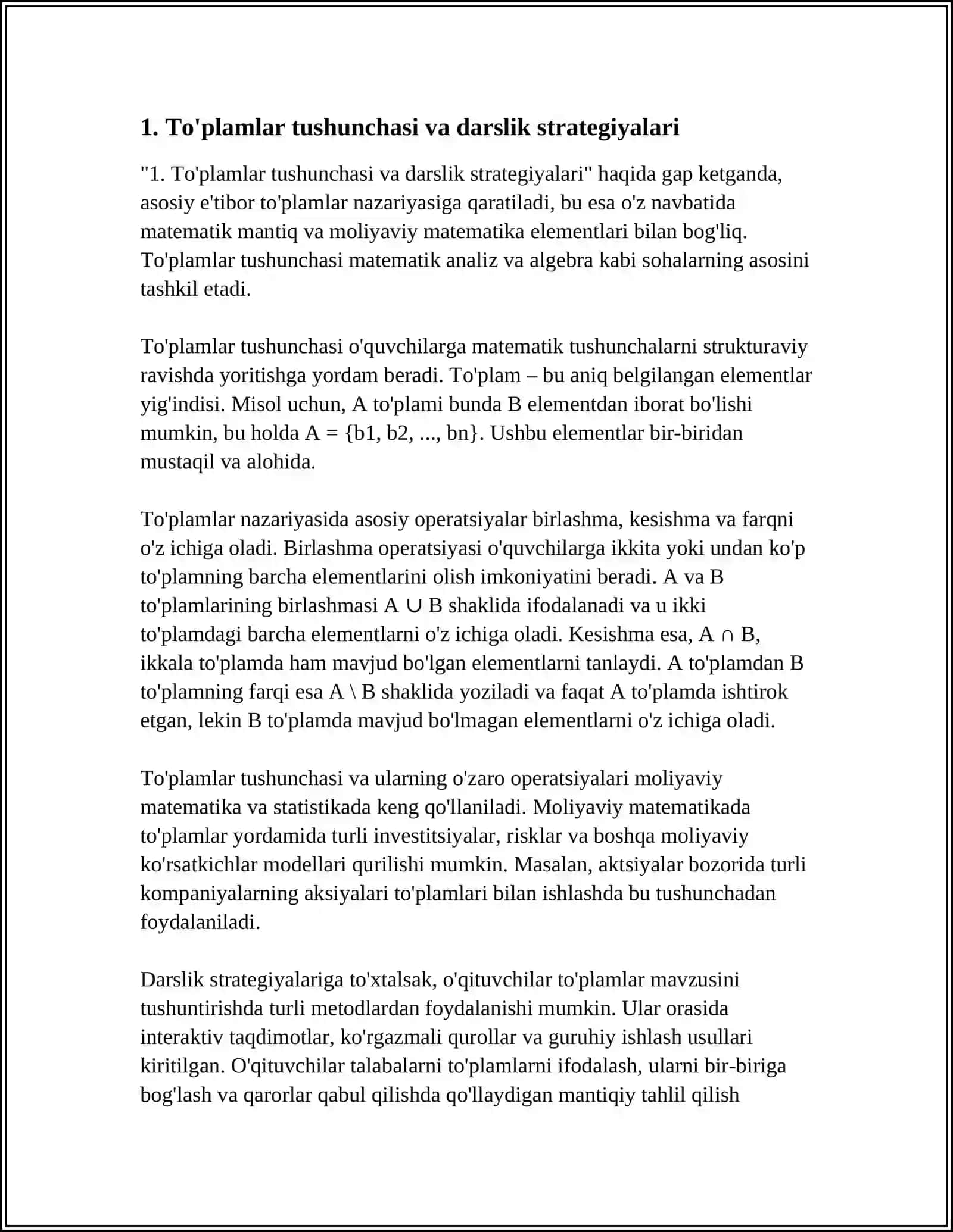 TO'PLAMLAR. MANTIQ MOLIYAVIY MATEMATIKA ELEMENTLARINI O'QITISH METODIKASI 4