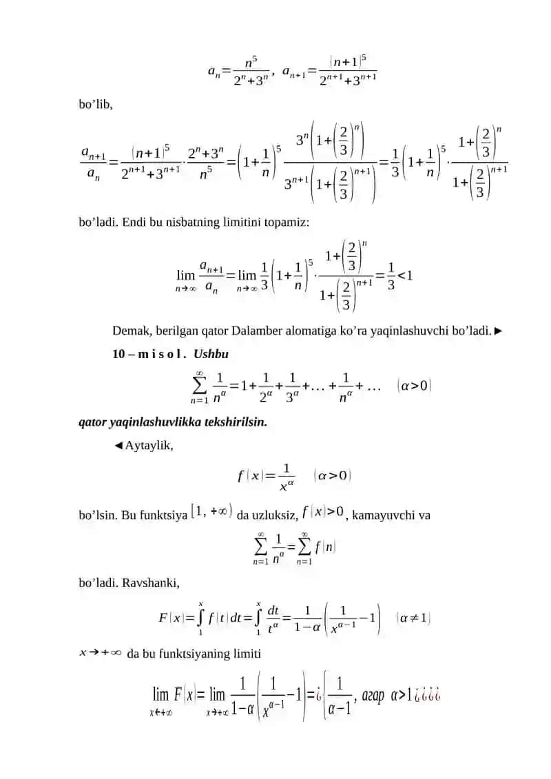 Musbat hadli qatorlarning yaqinlashish alomatlariga doir misollar yechish(Koshining integral alomati, Dalamber, Koshi, Raabe, Gauss alomatlari). 4