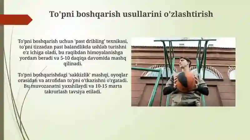 Bosketbol uyindan harakatlanish va tupni boshqarishning texnika usullarini urganish 4