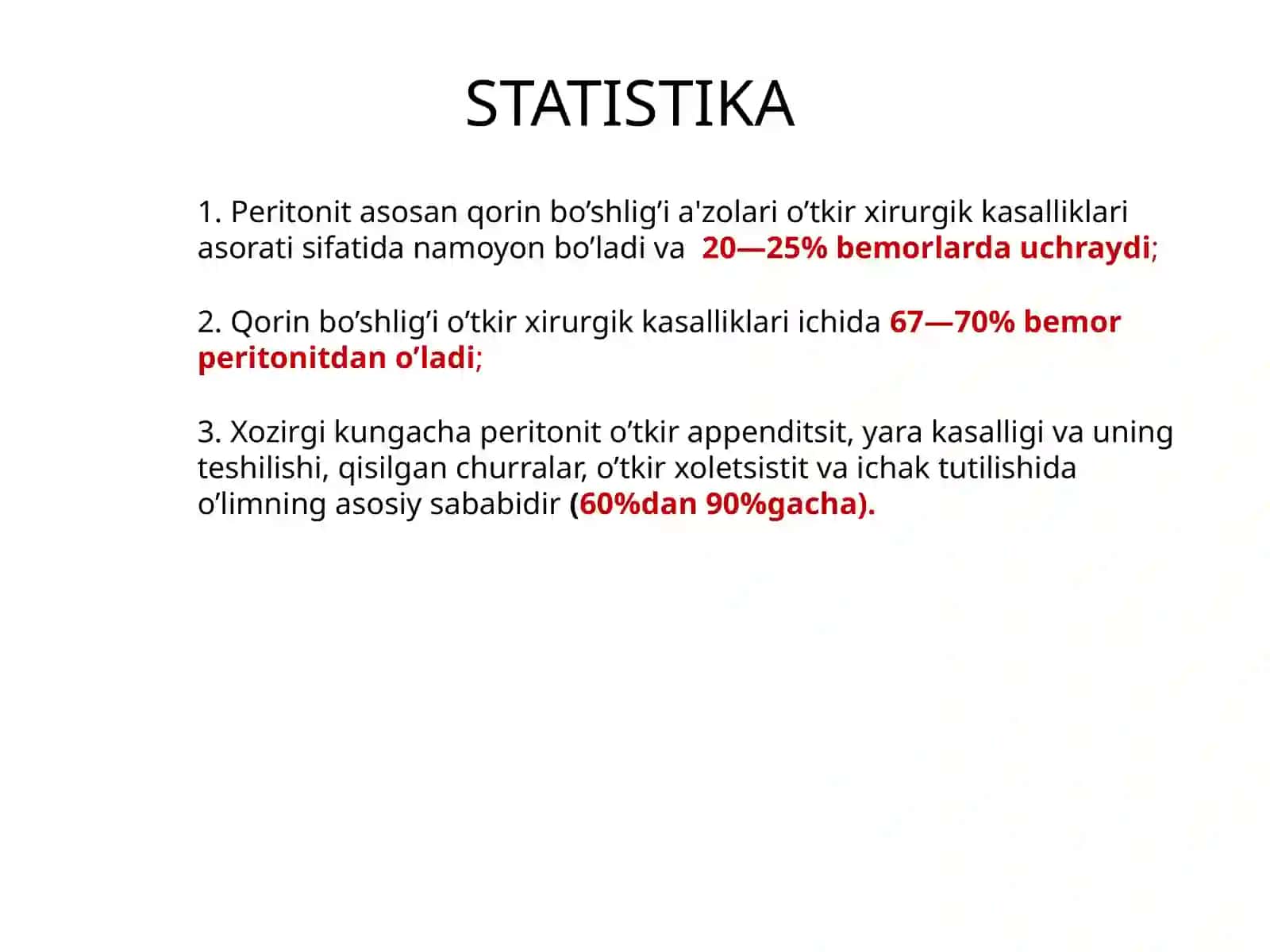 Peritonit. Birlamchi va ikkilamchi peritonitlar. Peritonit asoratlari 4