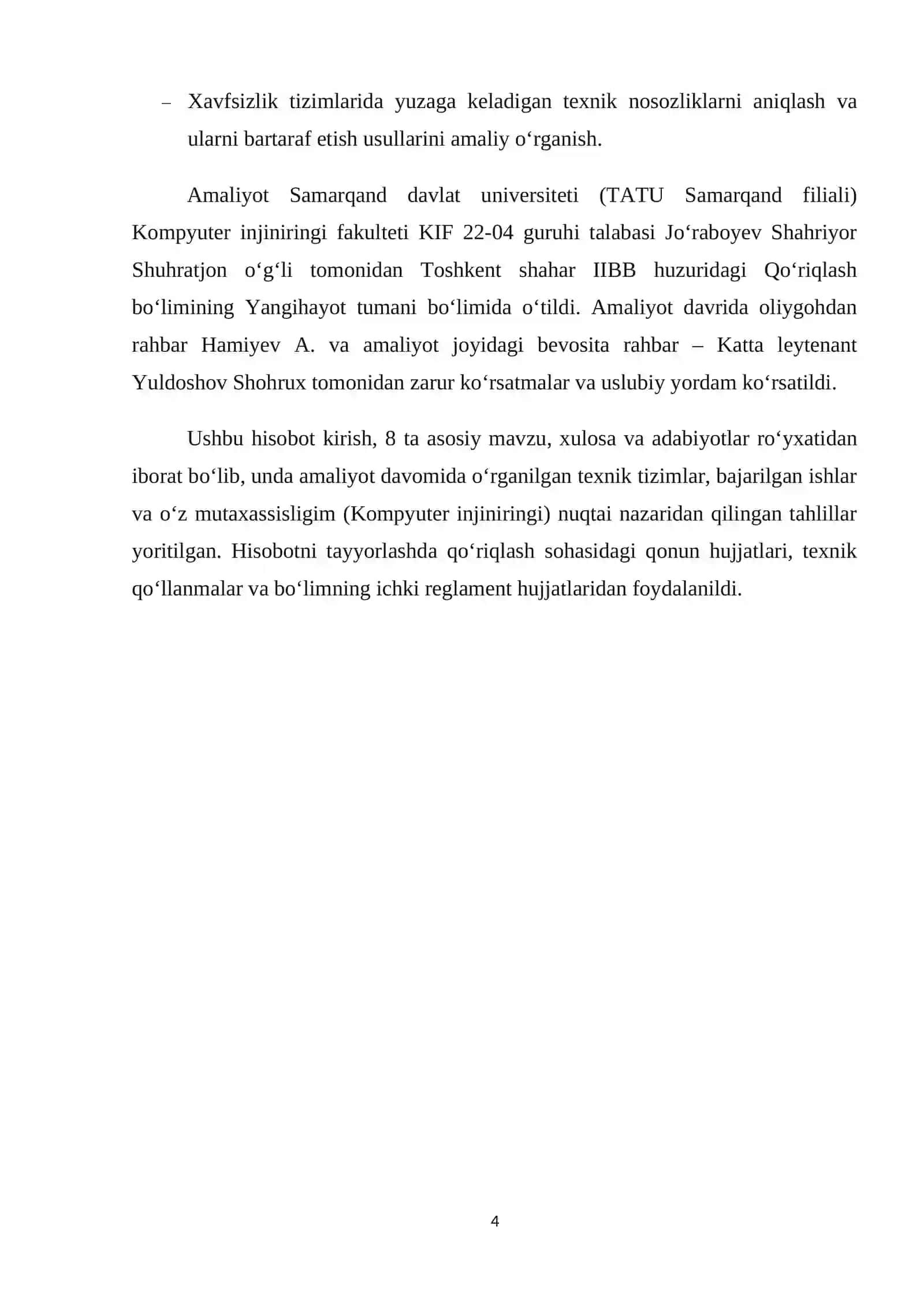 AMALIYOT HISOBOTI. Toshkent shahar IIBB huzuridagi Qo‘riqlash bo‘limi 4