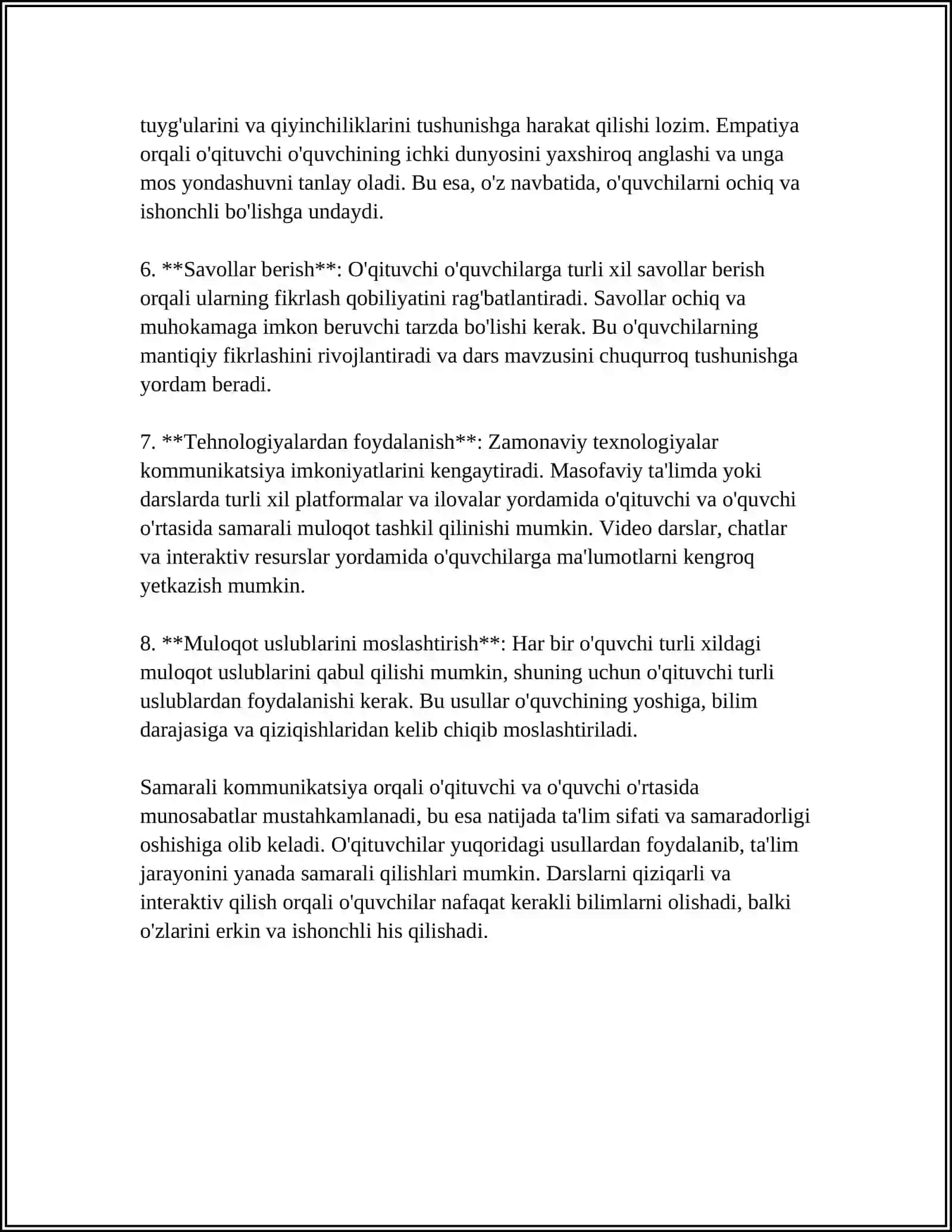 O'QITIVCHI VA O'QUVCHI O'RTASIDAGI JONLI MULOQOTNI TASHKIL ETISH. PEDAGOGIK NIZOLAR VA ZIDDIYATLARNI BARTARAF ETISH 4