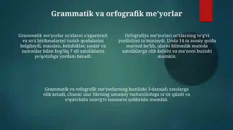 Madaniy nutqning grammatik va uslubiy me'yorlari bo‘yicha mashq va topshiriqlar tayyorlash 4