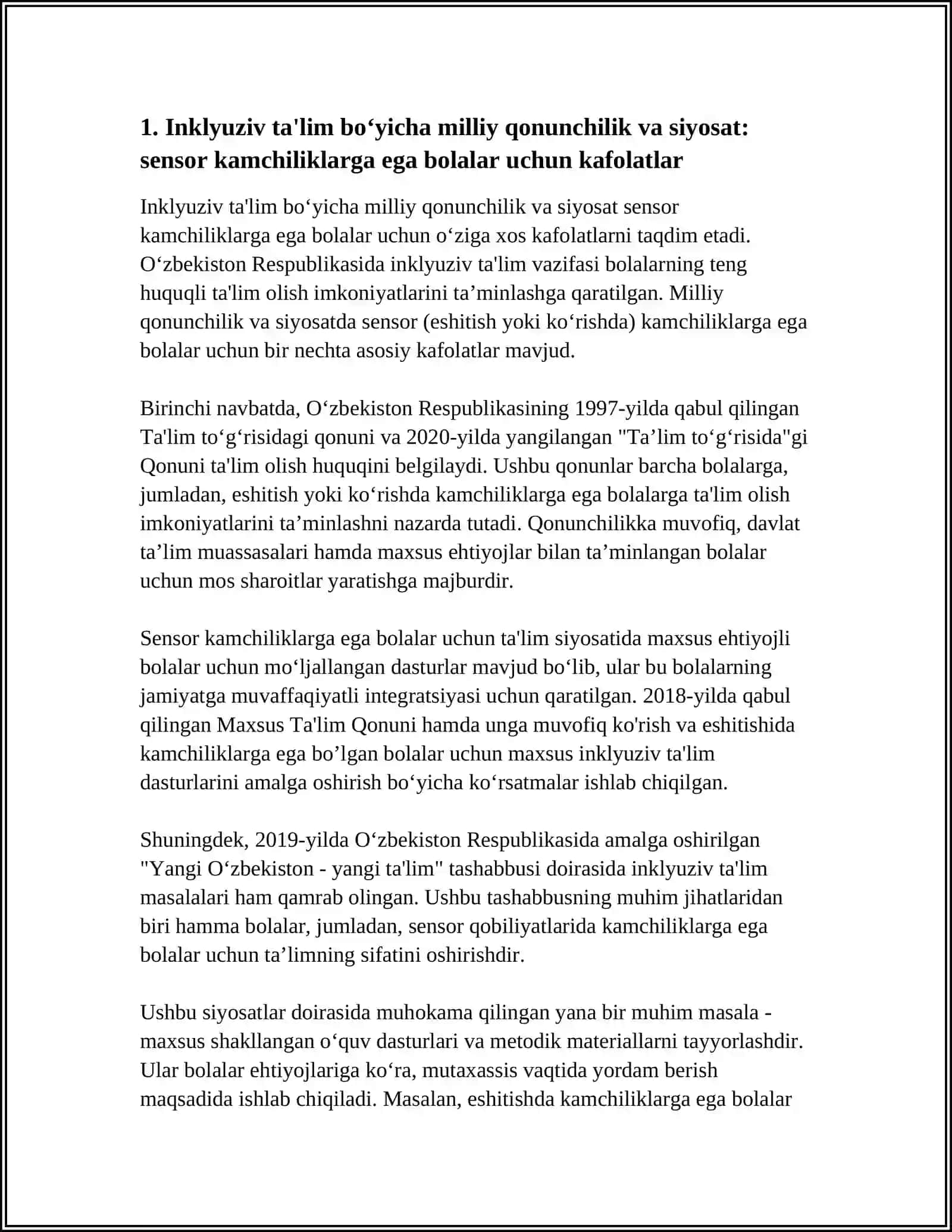 SENSOR (ESHITISHDA YOKI KO‘RISHDA ) KAMCHILIKLARGA EGA BO‘LGAN BOLALAR UCHUN INKLYUZIV TA'LIM STRATEGIYASILARI VA ULARNI AMALGA OSHIRISH SHART - SHAROITLARI 4