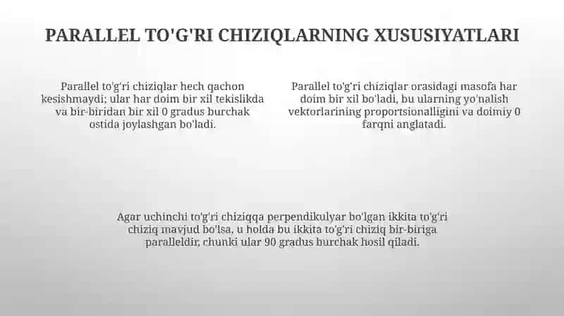 Ikki toʻgʻri chiziqlarning parallelik alomatlari 4
