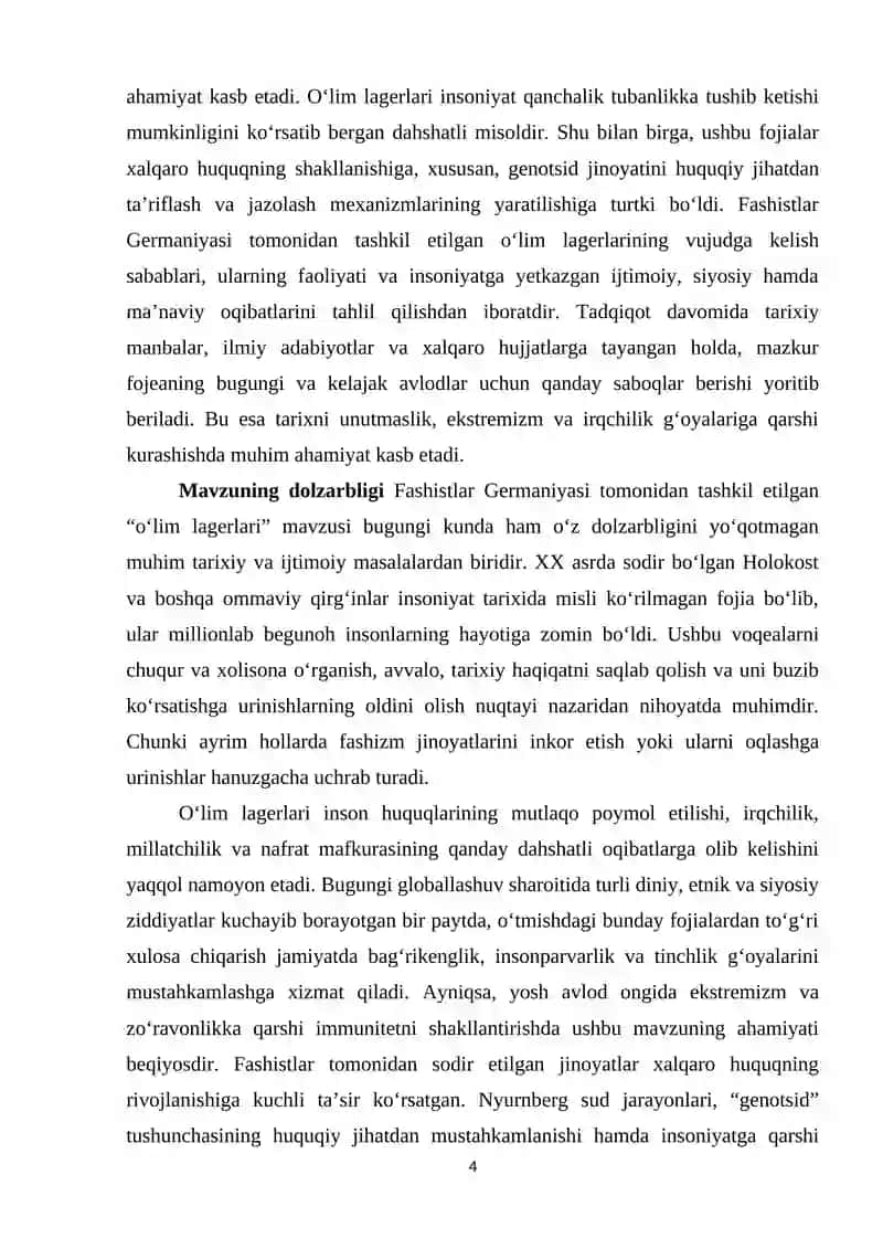 "Fashistlar Germaniyasi tomonidan tashkil etilgan 'o'lim lagerlari' oqibatlar" 4