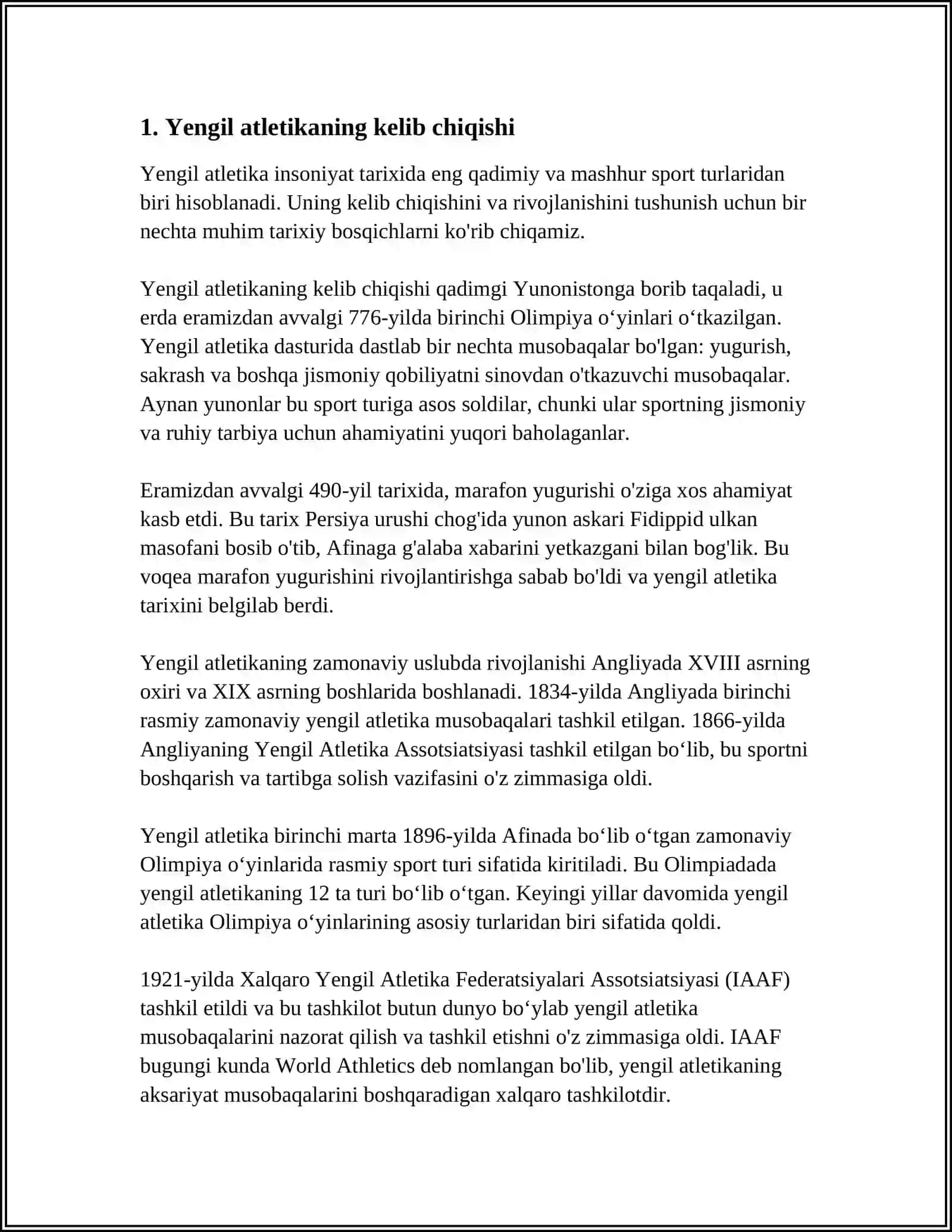 YENGIL ATLETIKA VA UNING TURLARI RIVOJLANISHINING TARIXI VA TAVSIFI 4