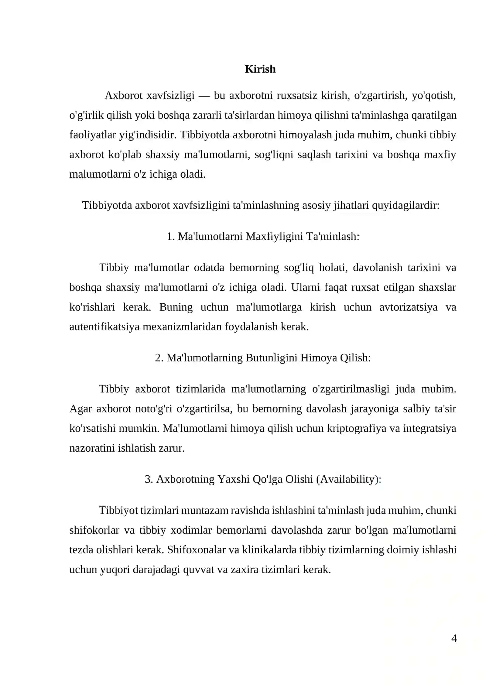 Axborot havfsizligi. Tibbiyotda axborotlarni himoyalash 4