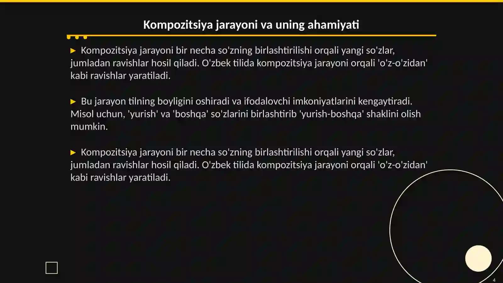 Ravishlarning yasalishi: affiksatsiya va kompozitsiya usullari bilan ravish yasash 4