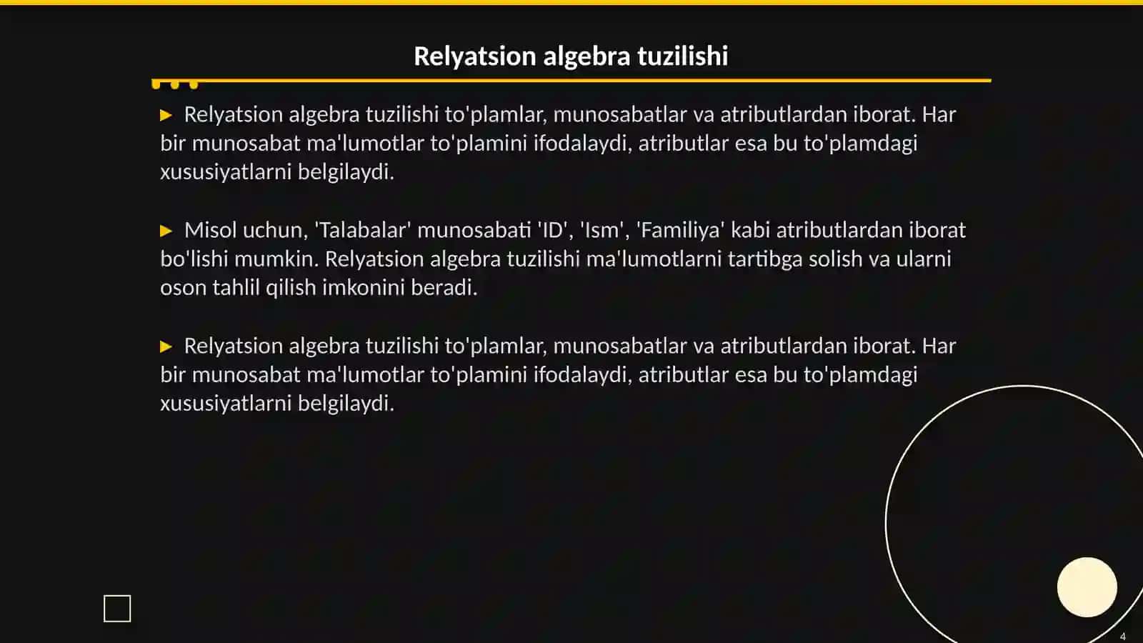 Relyatsion algebra va uning amaliy qo‘llanilishi 4