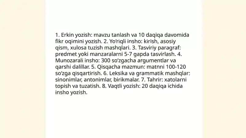 Yozma nutqni rivojlantiruvchi mashq va topshiriqlar ishlab chiqish 4