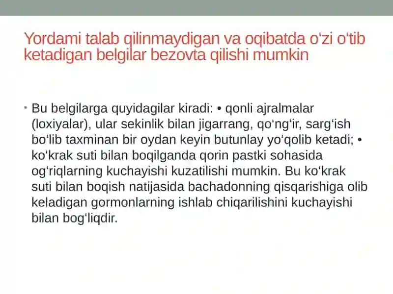 TUGRUKDAN KEYINGI DAVRDAGI AYOLLARDA ZUDLIK BILAN TIBBIYYO RDAM NI TALAB ETUVCHI BELGILAR 4