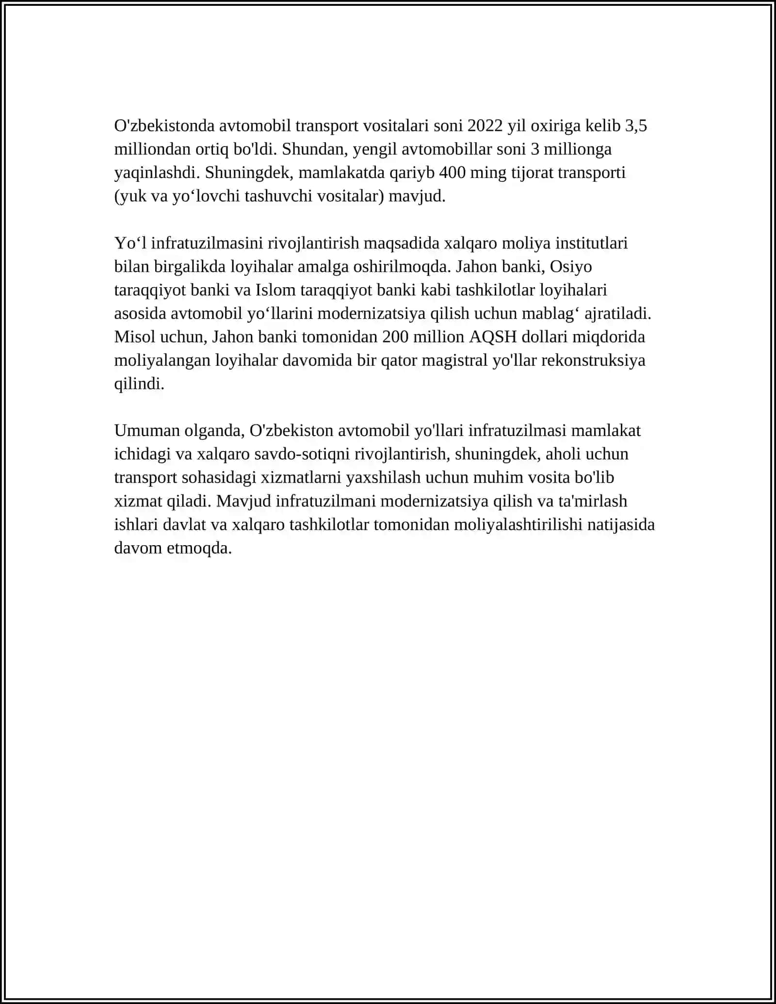 O'ZBEKISTON RESPUBLIKASINING AVTOMOBIL YOL TARMOQLARI RIVOJLANISHINI O'RGANISH 4