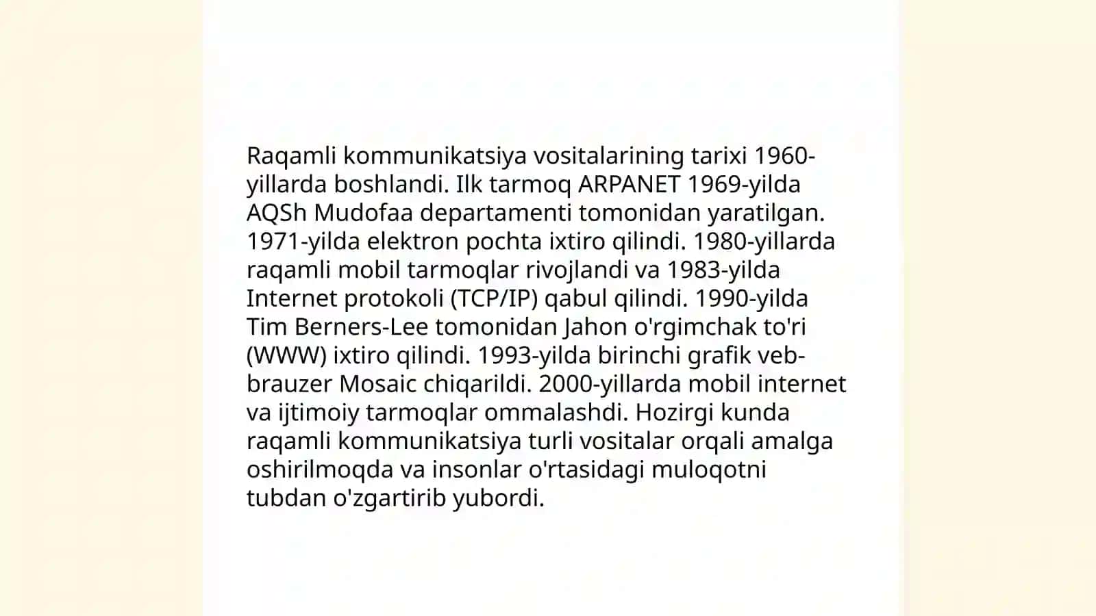 Internetning zamonaviy xizmatlari.Internetning rivojlanish tarixi 4