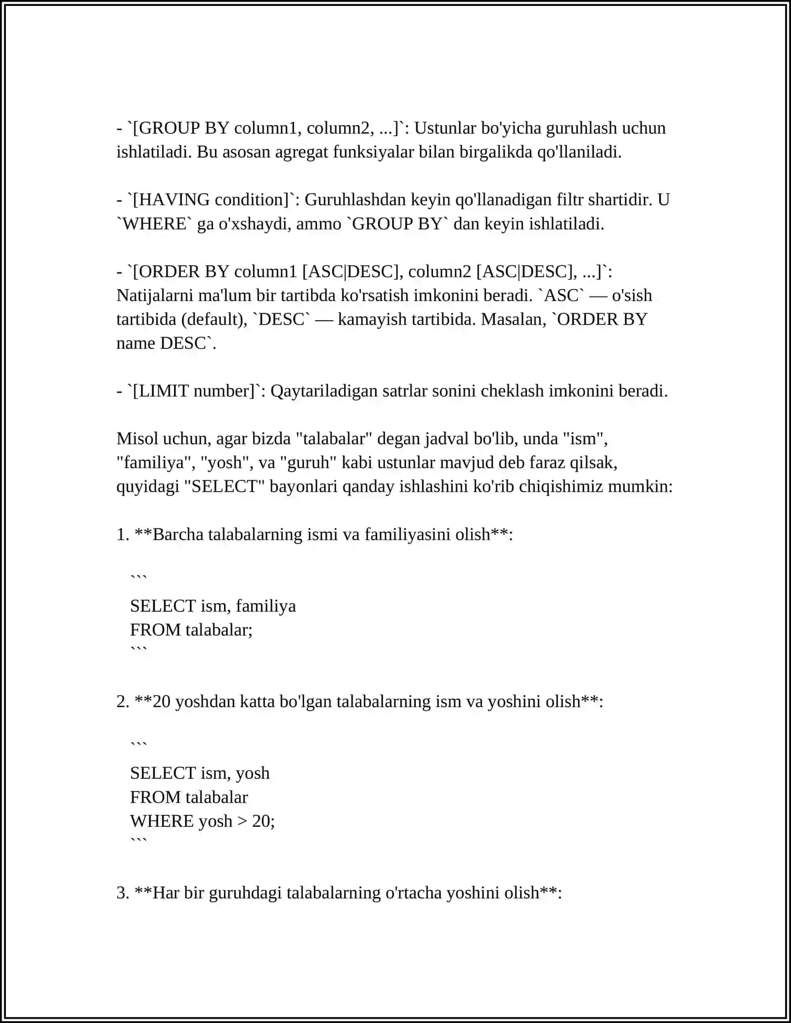 SQL-TARTIBLANGAN SO‘ROVLAR TILINING ASOSIY BUYRUQLARI, ULARDAN FOYDALANISH TARTIBI 4