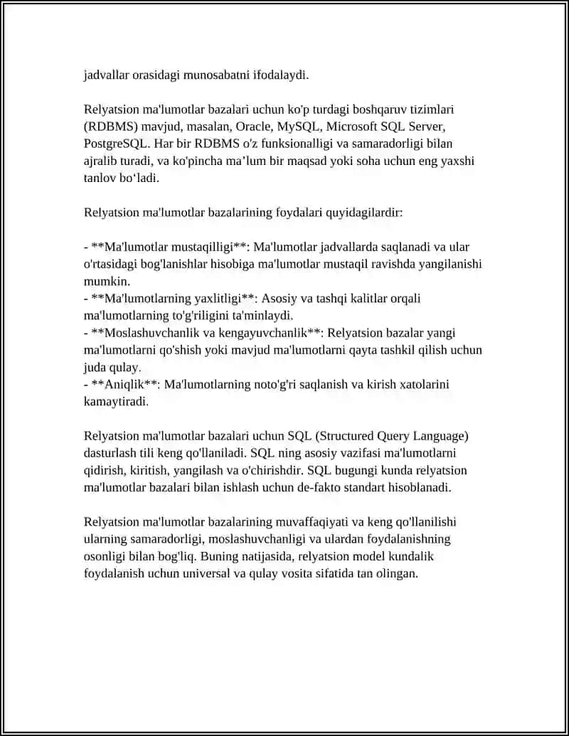 MA‘LUMOTLAR BAZASIDA RELYATSION MODEL VA MUNOSABATLAR 4