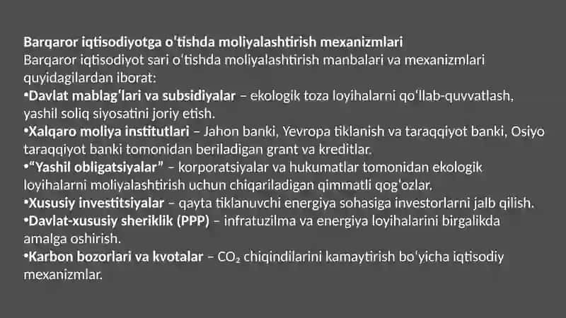 Yashil rivojlanish va yashil energetika barqaror iqtisodiyotga o’tish jarayonini moliyalashtirish 4