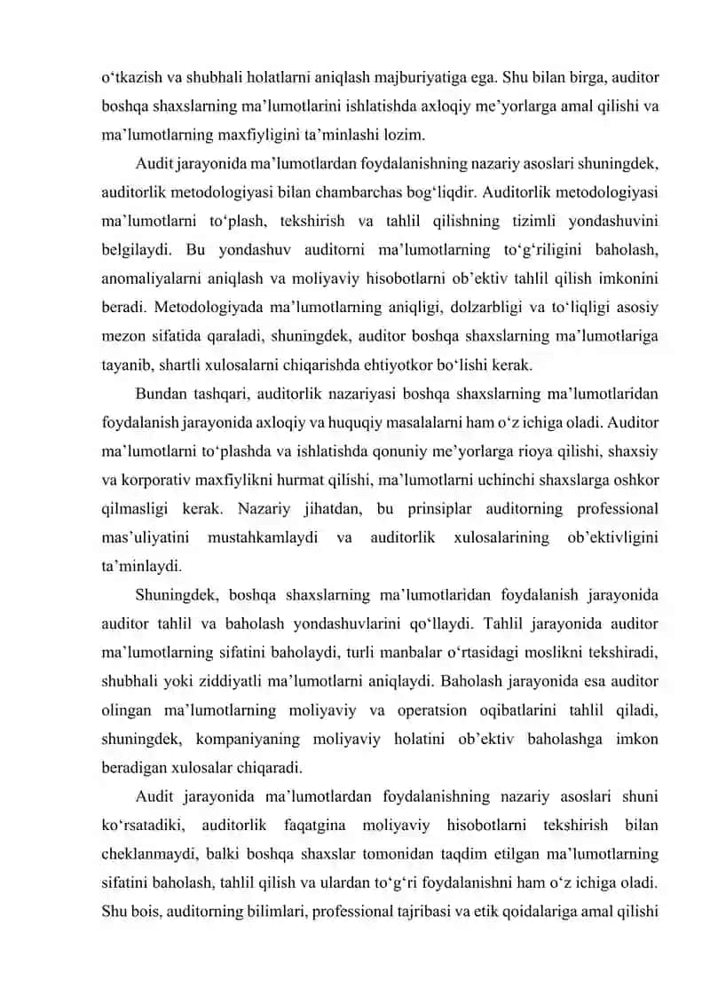 Audit  o‘tkazish jarayonida boshqa shaxslarning ma'lumotlaridan foydalanish. 4