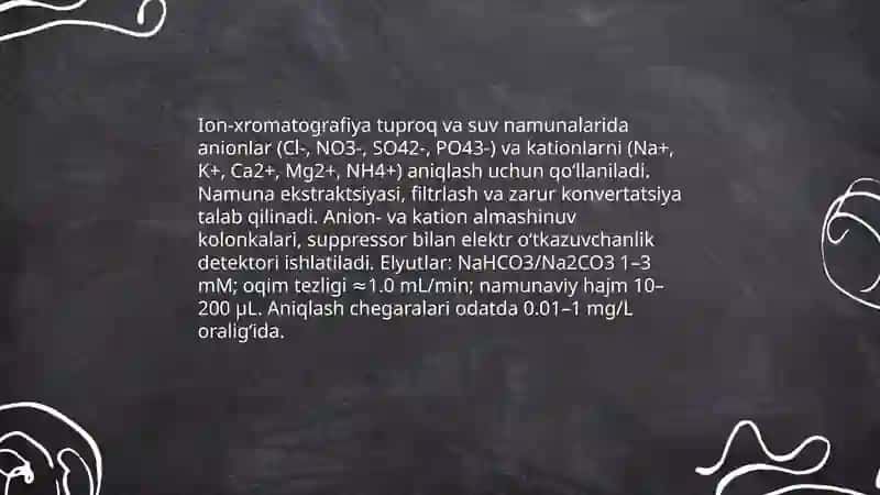 Tuproq va suvning ifloslanishida ion birikmalarini aniqlash va tozalash 4
