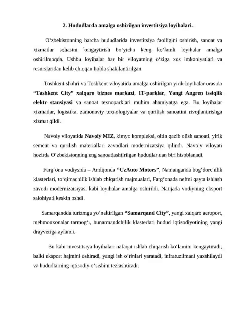 Hududiy rivojlanish strategiyalari: Har bir hududdagi investitsiya loyihalari 4