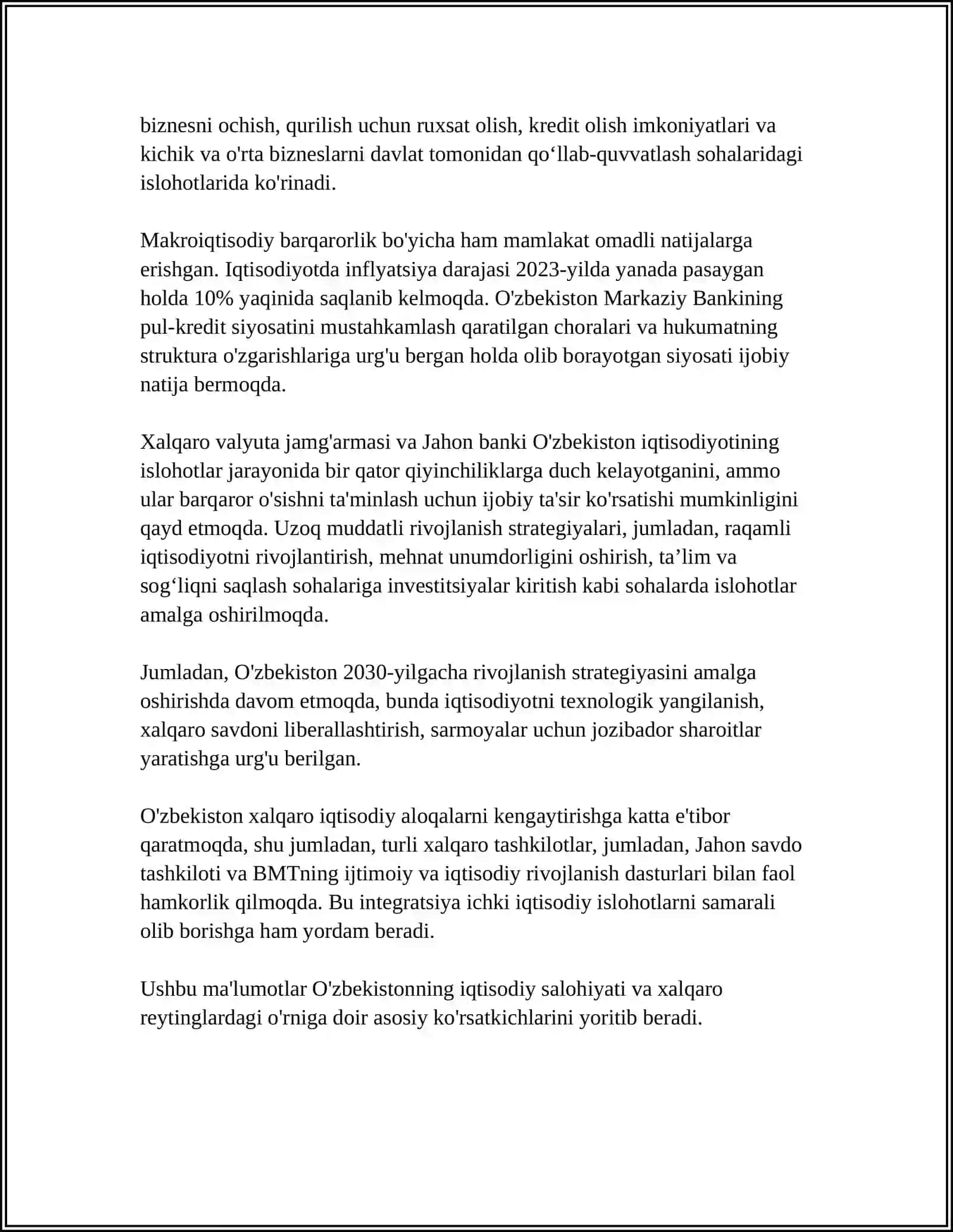 O'ZBEKISTON RESPUBLIKASINING XALQARO REYTING VA INDEKSLARDAGI O'RNI VA NUFUZINI ORTIB BORISHI 4