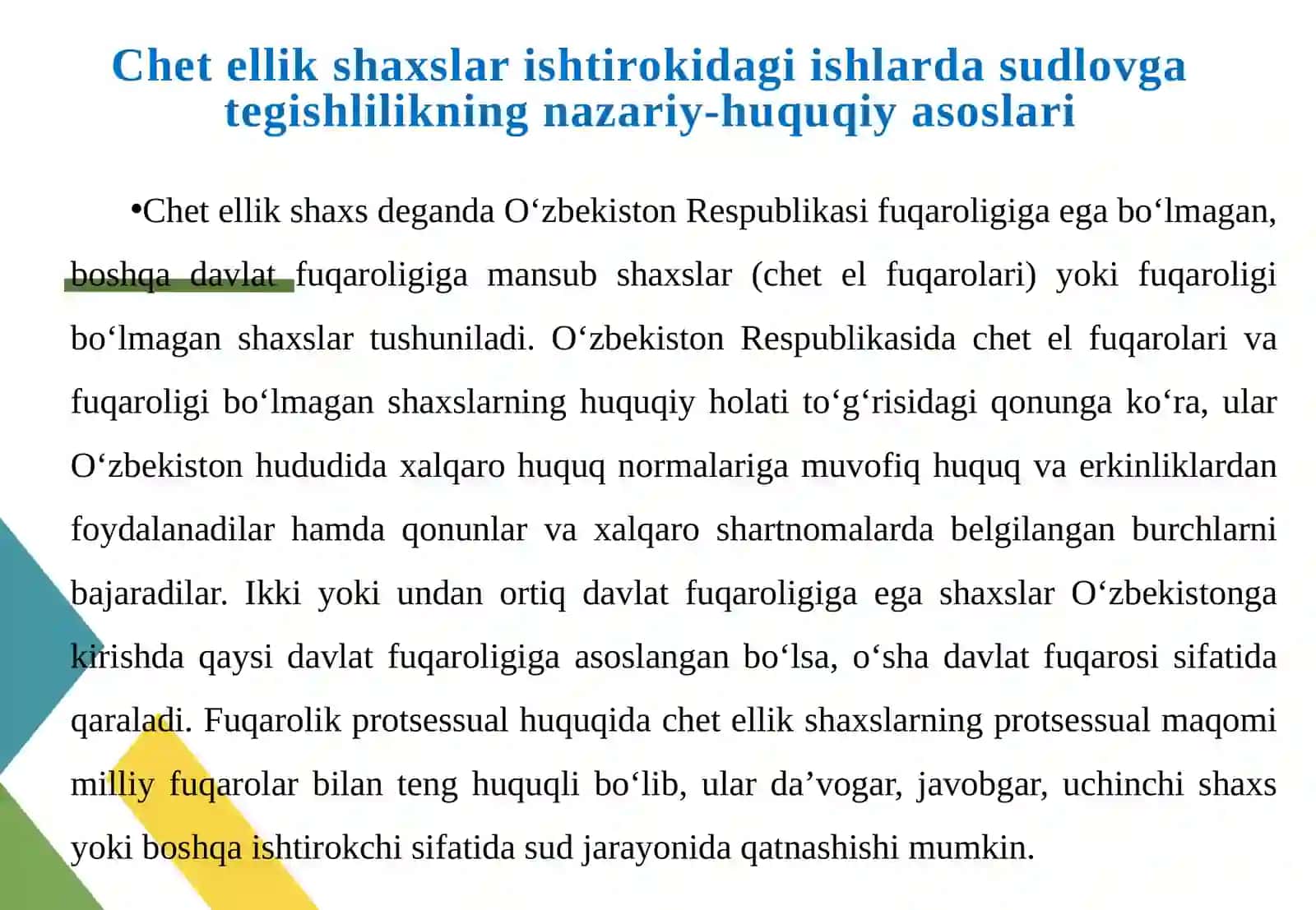 CHET ELLIK SHAXSLAR ISHTIROKIDAGI ISHLARNI KO‘RISHDA SUDLOVGA TEGISHLILIK MASALALARI. CHET DAVLAT SUDLARINING SUDGA DOIR TOPSHIRIQLARINI IJRO ETISH TARTIBI 4