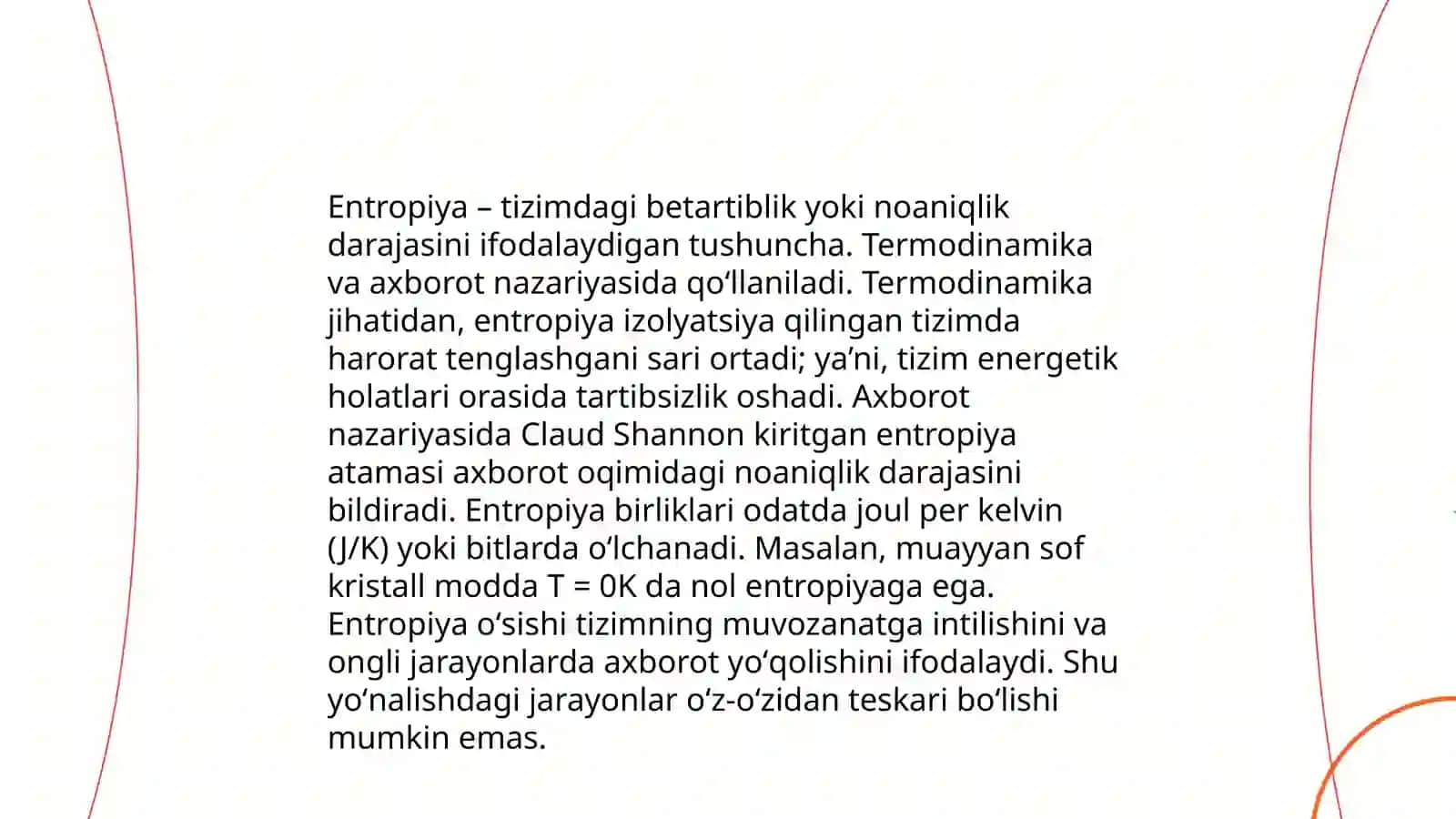 Ashiq termodinamikaliq sistemadag‘i entropiyanin' lokal kemeyiwi. Dissipativ strukturalar 4