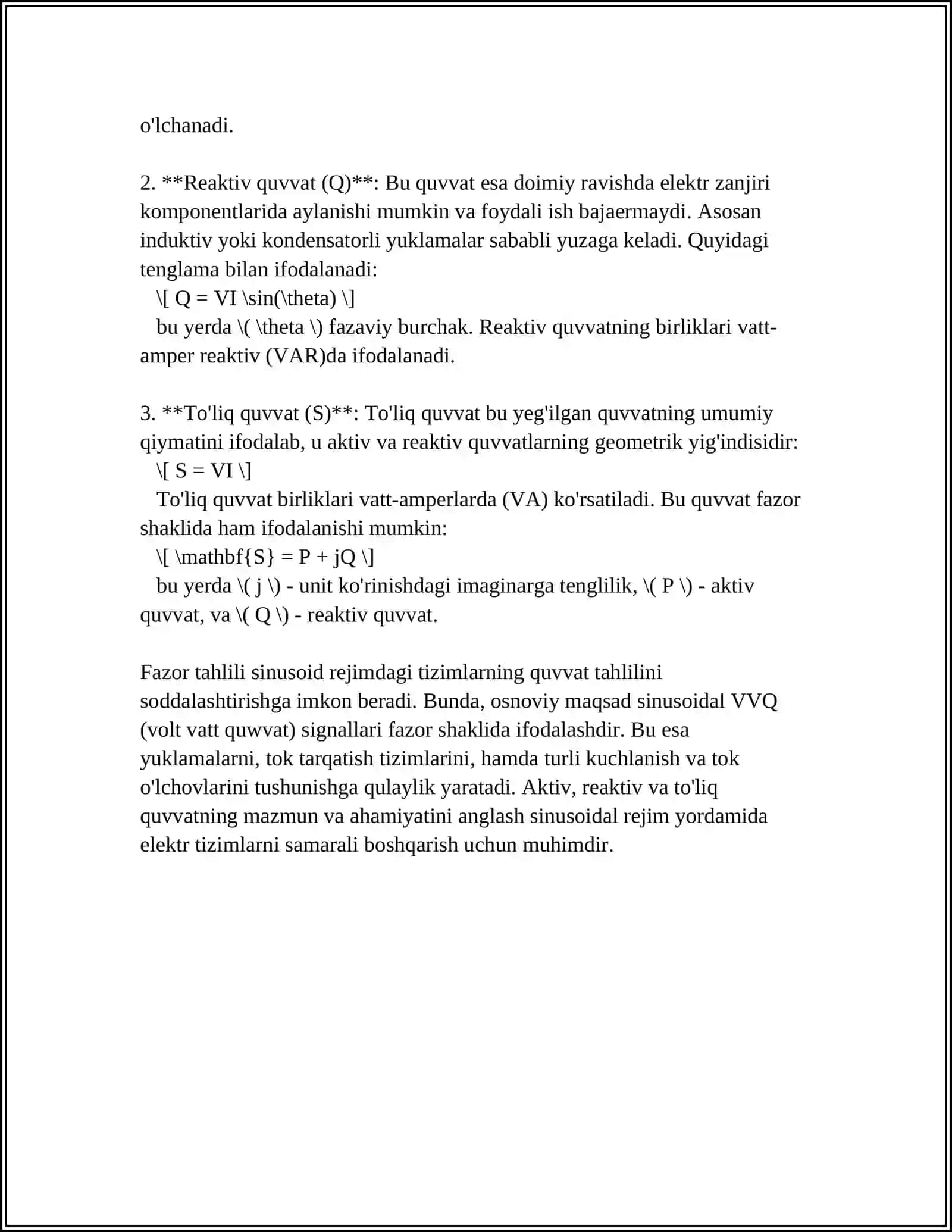 SINUSOIDAL REJIMDA QUVVAT TURLARI VA ULARNING FIZIK MA’NOSI 4