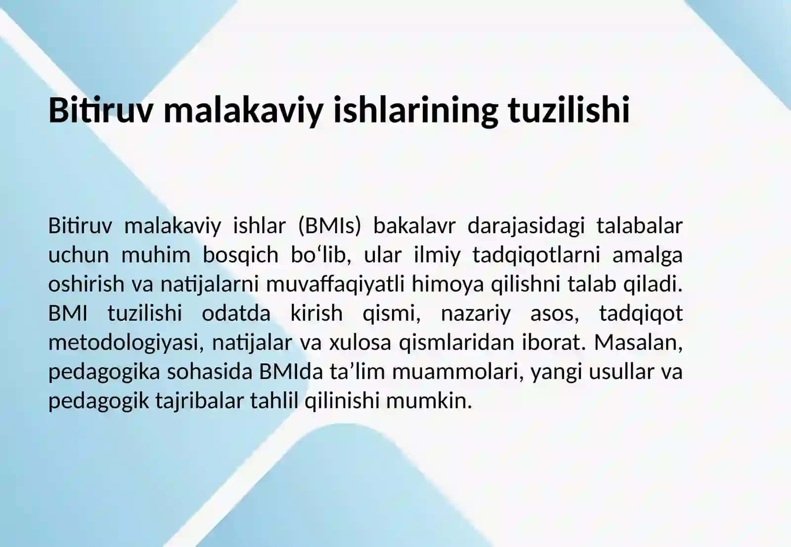 Kurs ishi,bitiruv malakaviy ishlar, magistrlik va doktorlik dissertatsiyalari,oʻquv qoʻllanma hamda darsliklar,monogrfiyalarni tahlilini oʻrganish. 4