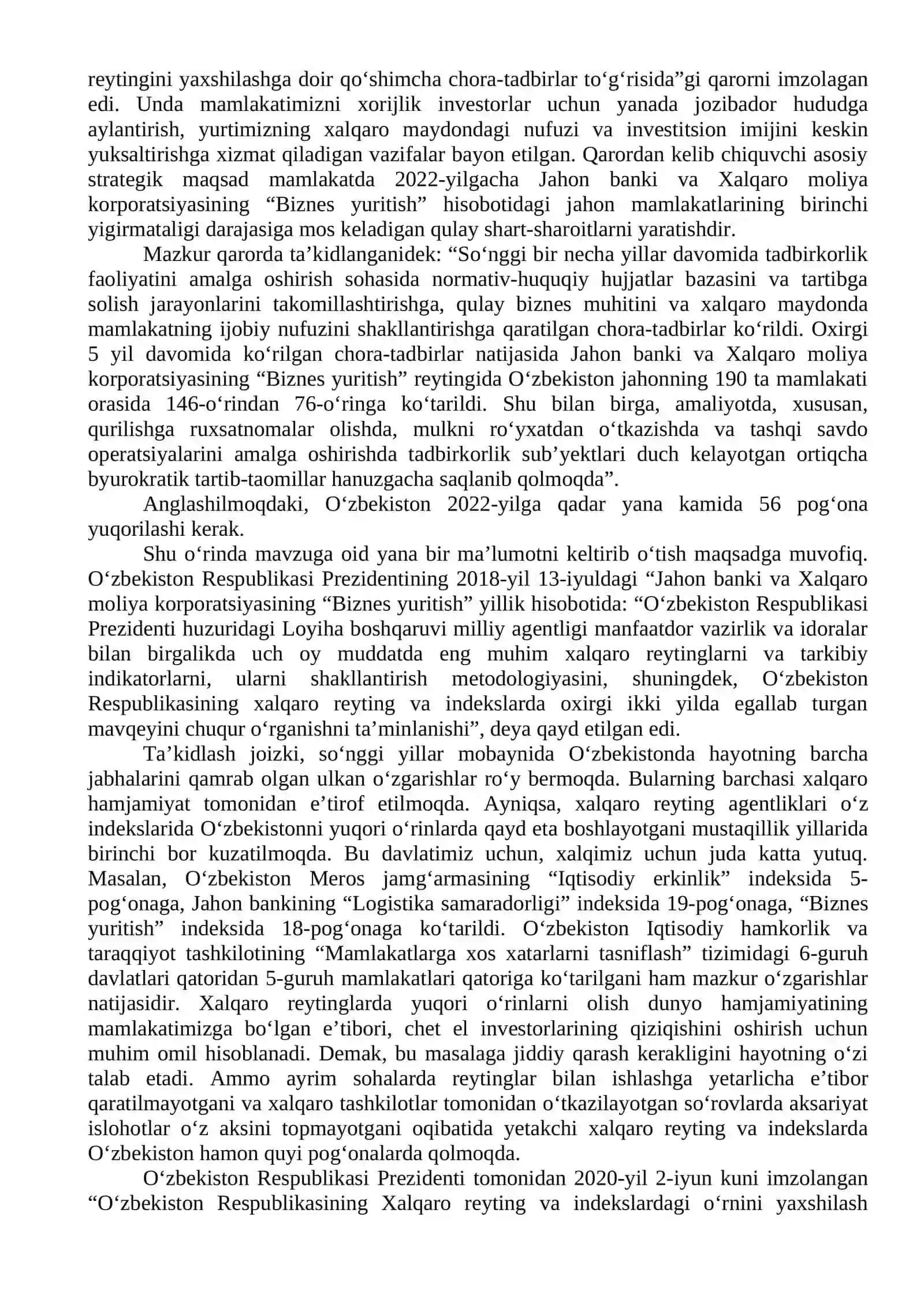 YANGI OʻZBEKISTON IJTIMOIY-SIYOSIY, IQTISODIY VA MADANIY HAYOTIDA ROʻY BERAYOTGAN OʻZGARISHLARNING XALQARO REYTING VA INDEKSLARDA AKS ETISHI 4