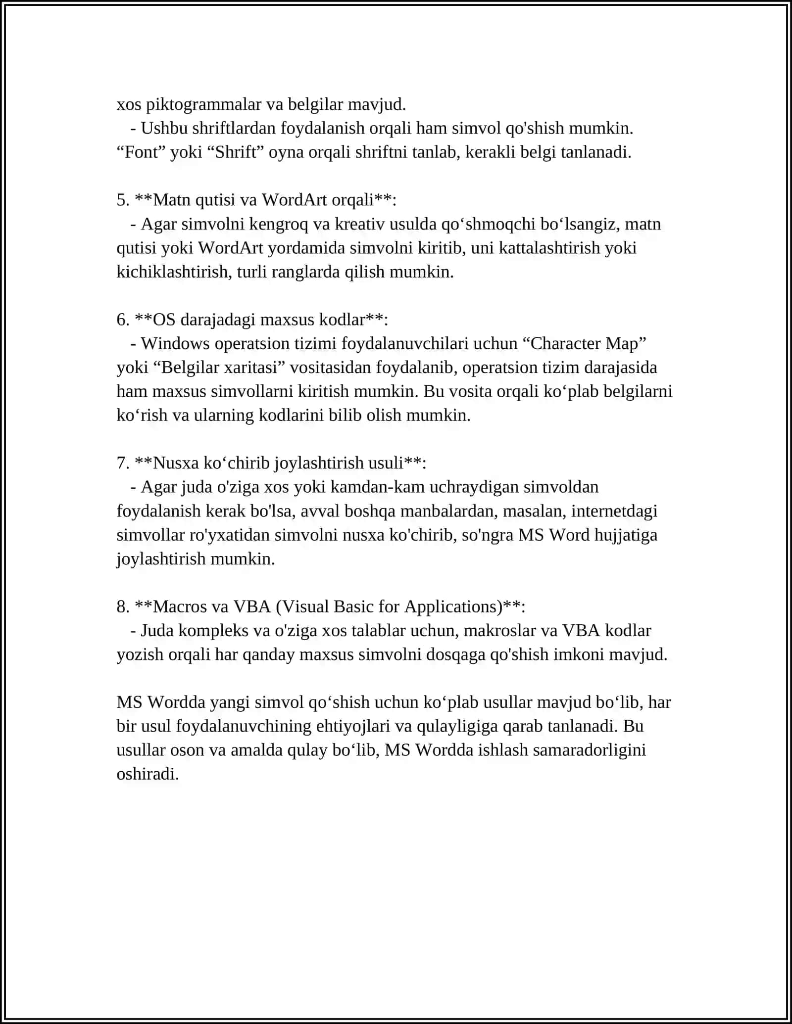 MS WORDDA YANGI SIMVOLNI OʻRNATISH HAVOLA VA KOLONTITULLAR 4