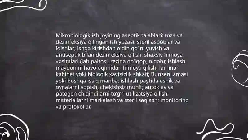 Aseptika qoidalari. Biologik mikroskopning tuzilishi va unda ishlash qoidalarini o‘rganish 4