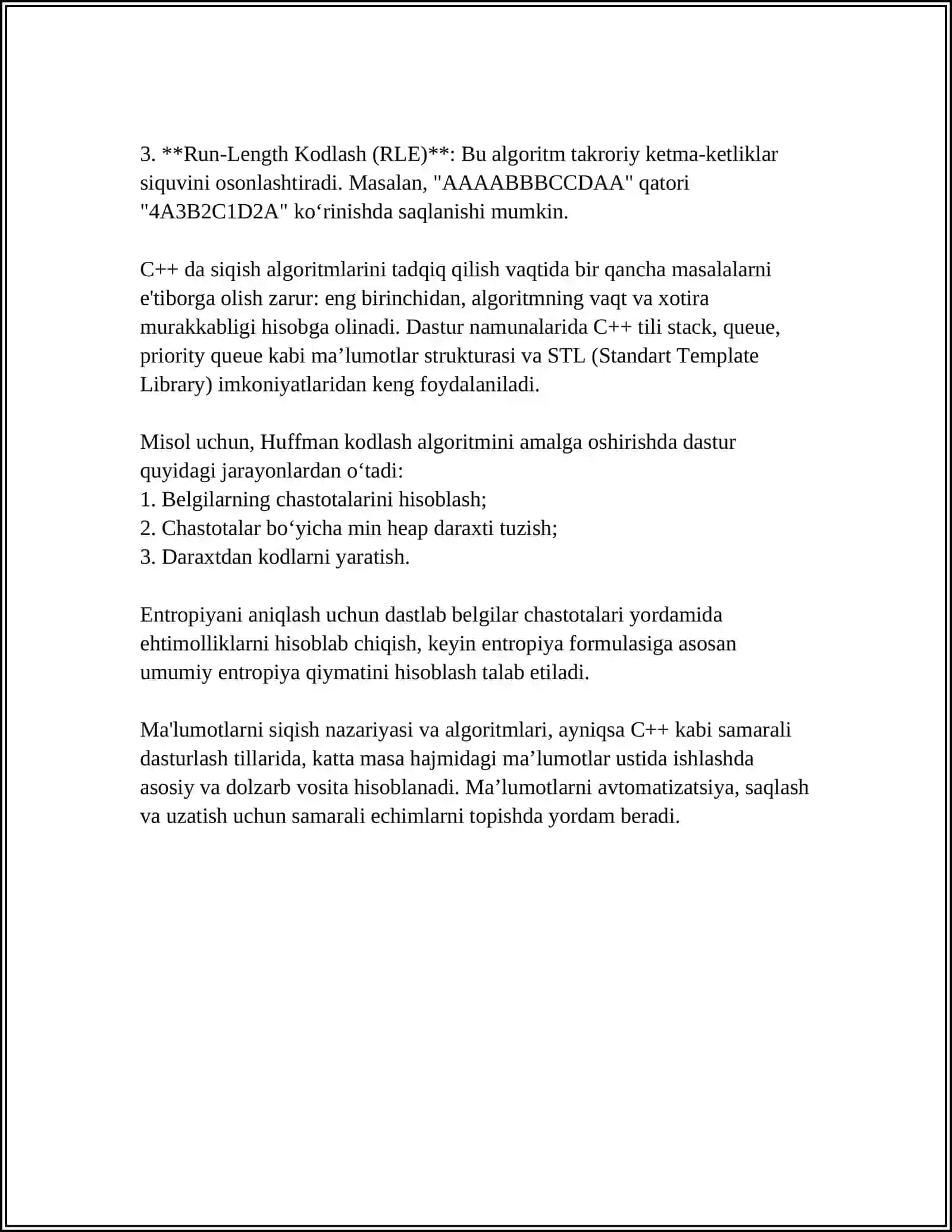 MA'LUMOTLARNI KOMPRESSIYALASH ALGORITIMLARNI C++ TILIDA TADQIQ ETISH 4