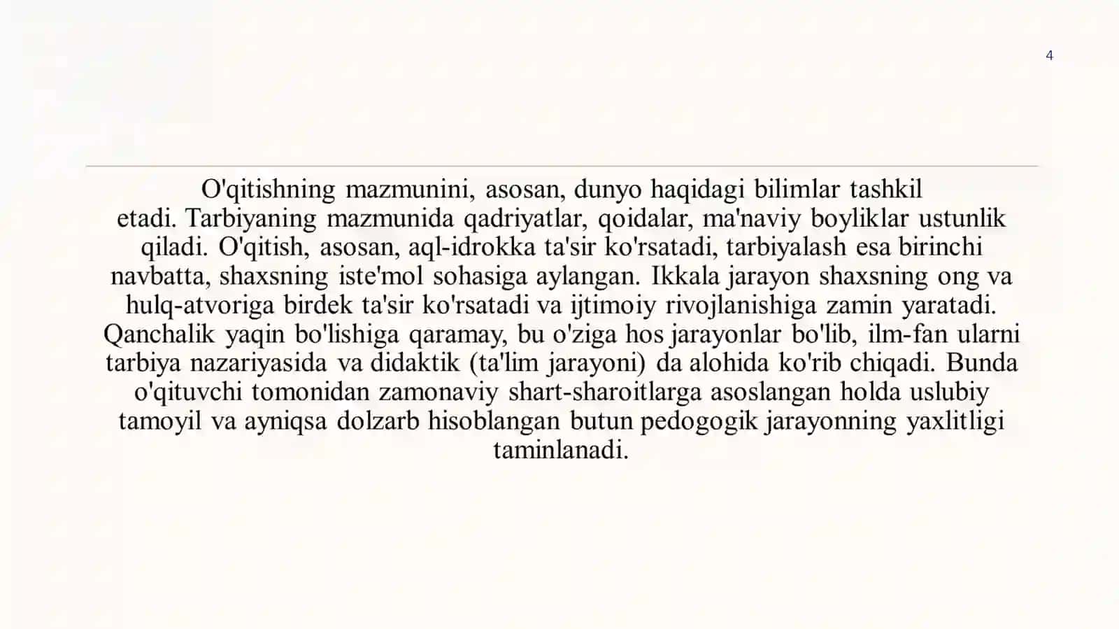 O'QTUVCHINING TARBIYA TEXNOLOGIYALARI ASOSIDA FAOLIYAT, PEDAGOGNING TO'UTORLIK VA FASILITATORLIK FAOLIYATI 4