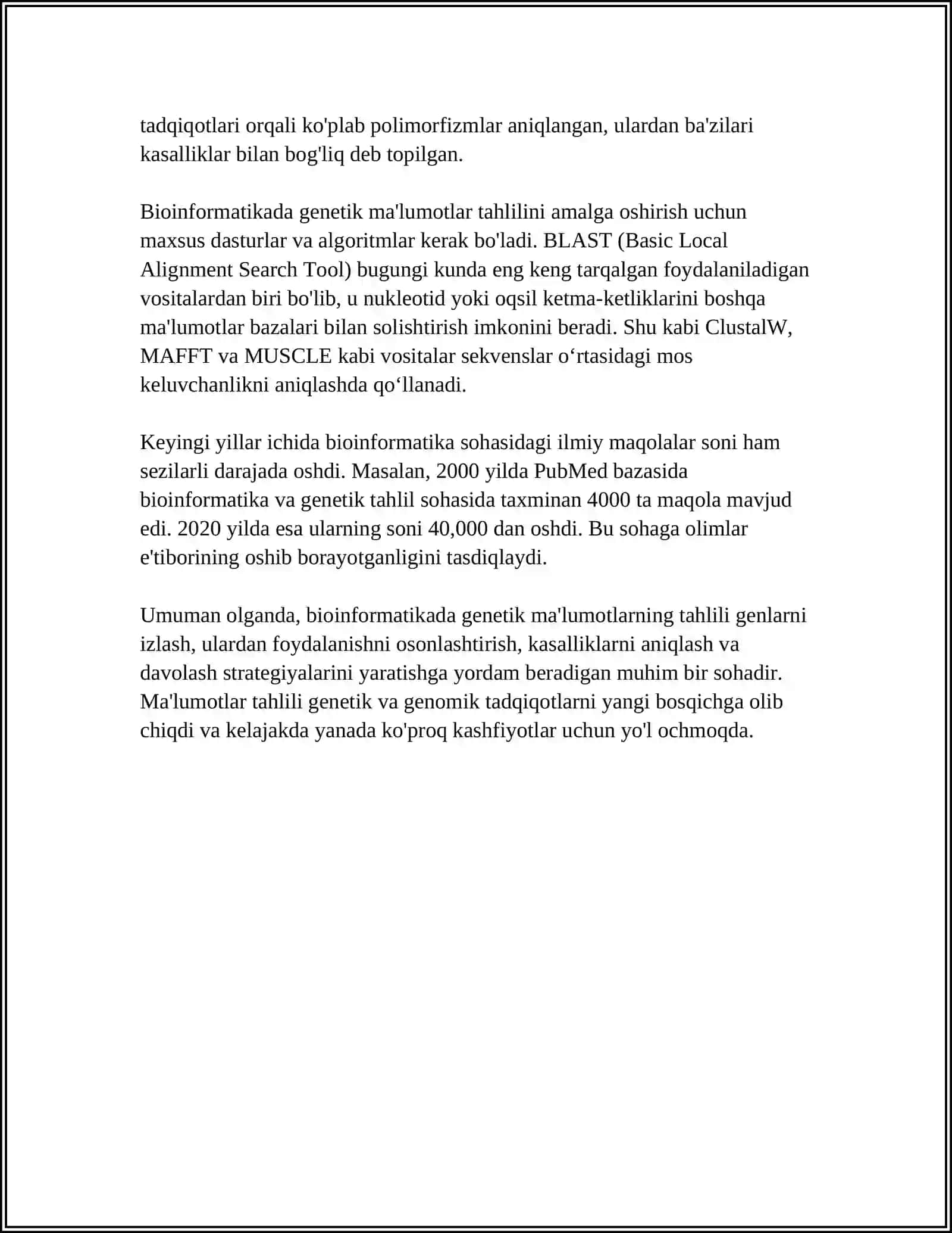 BIOINFORMATIKA VA BIOMEXANIKA FANIDAN. BORLIQ TUSHUNCHASI VA UNING TURLARI. MATERIYA VA UNING MAVJUDLIK SHAKLLARI MAVZUSIDA MUSTAQIL ISH 4