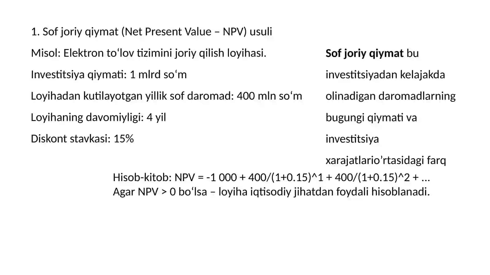 Innovatsion loyihalarning iqtisodiy samaradorligini baholash usullari 4