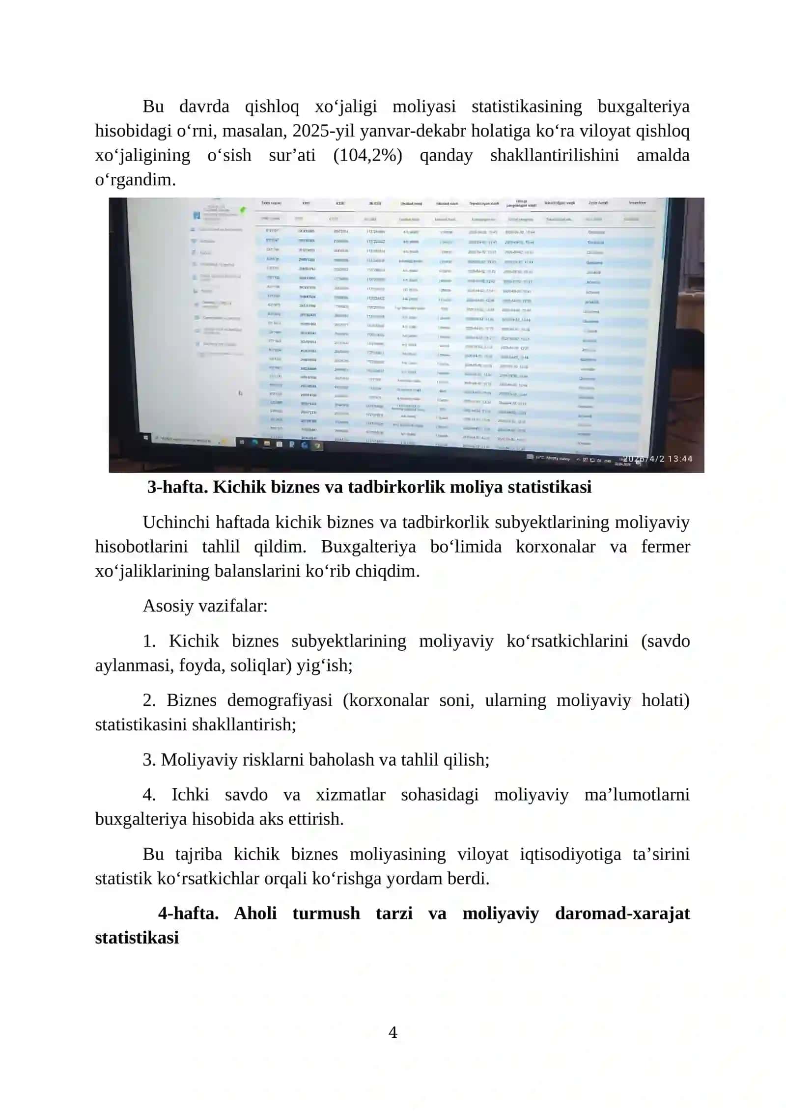 Toshkent viloyati statistika boshqarmasi. AMALIYOT HISOBOTI 4
