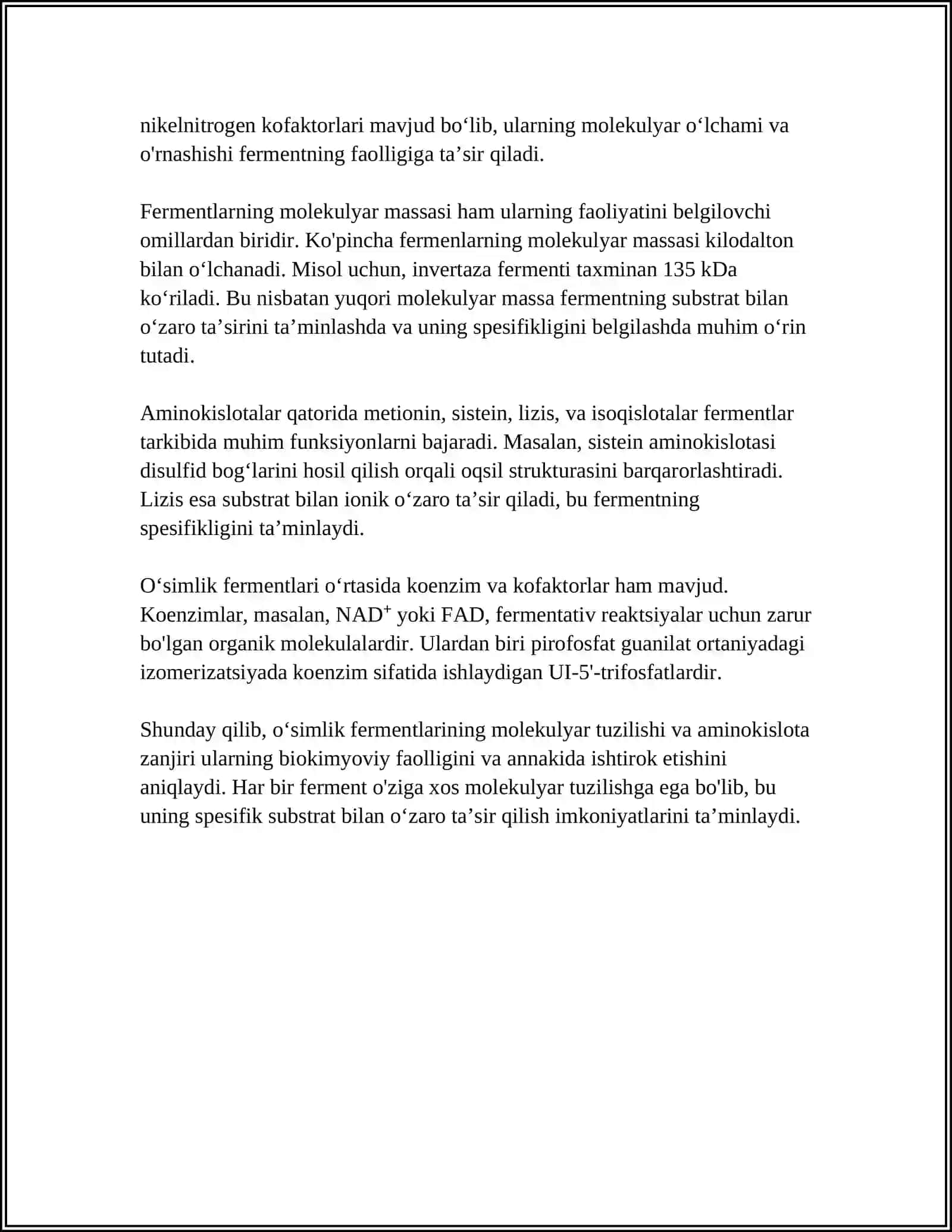 OʻSIMLIK FERMENTLARINING TUZILISHI VA SPESIFIKLIGI. ALLOSTERIK FERMENTLAR 4