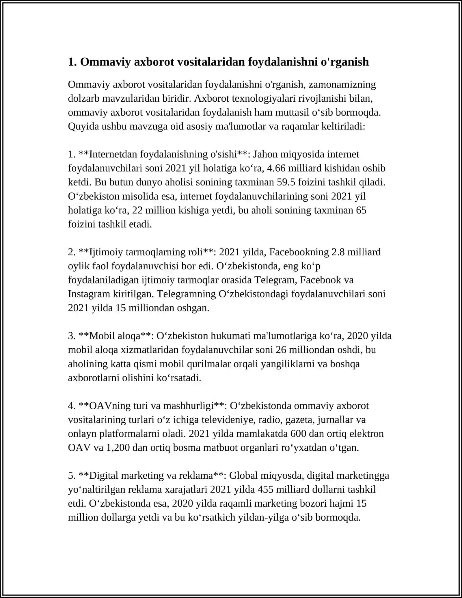 MEDIA SAVODXONLIKNI RIVOJLANTIRISHNING YOʻLLARI MUSTAQIL ISH 4