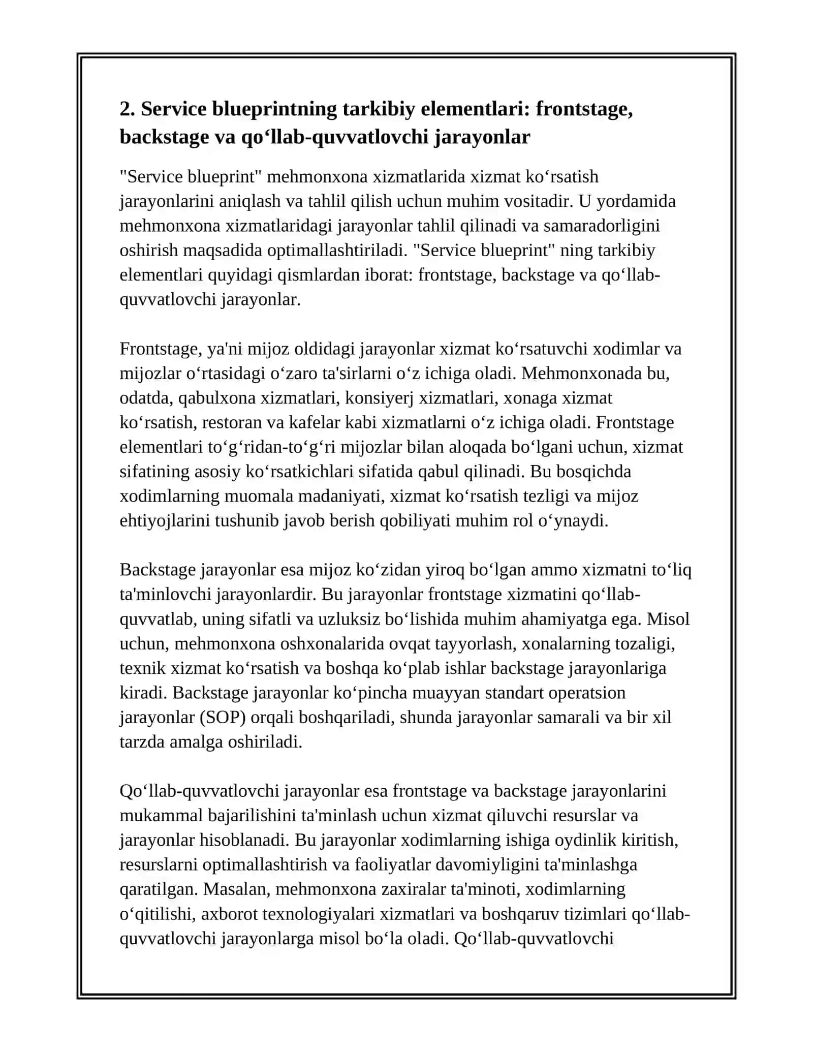 MEHMONXONA XIZMATLARIDA "SERVICE BLUEPRINT" VA STANDART OPERATSION JARAYONLAR (SOP) 4