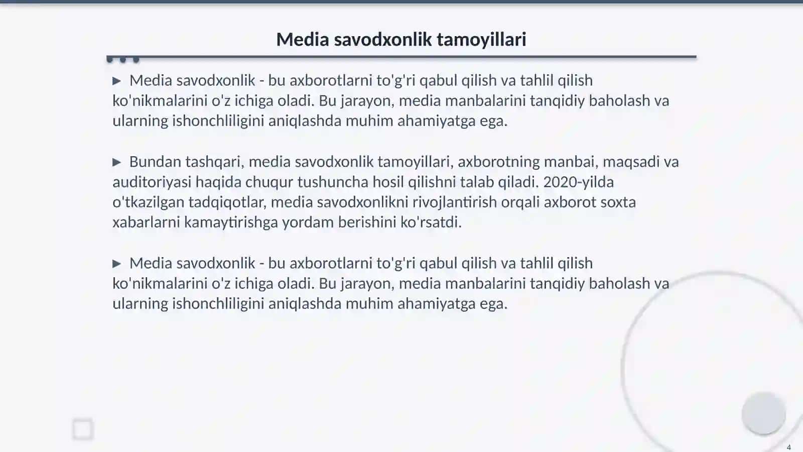Tanqidiy fikrlash va uning media savodxonlikdagi ahamiyati Media savodxonlik va axborot madaniyati fani 4