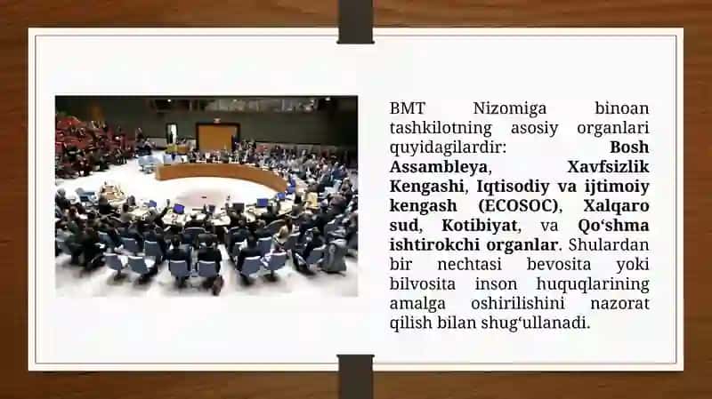 BMT Nizomidan kelib chiqib tashkil etilgan organlarning inson huquqlariga oid nazorat funksiyasi (TAQDIMOT) 4