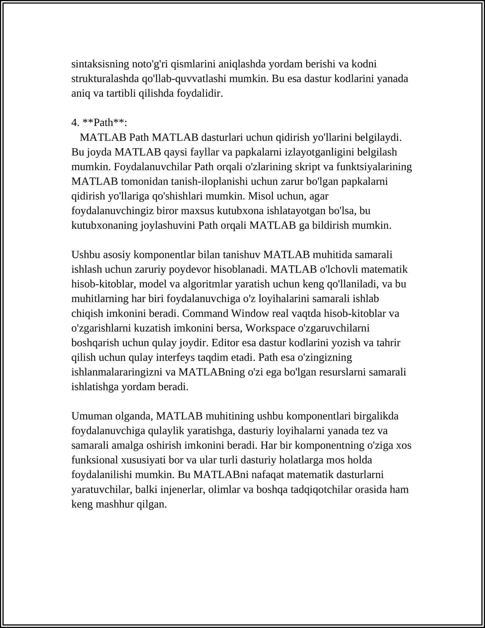MATLAB TIZIMIDA DASTURLASH 4