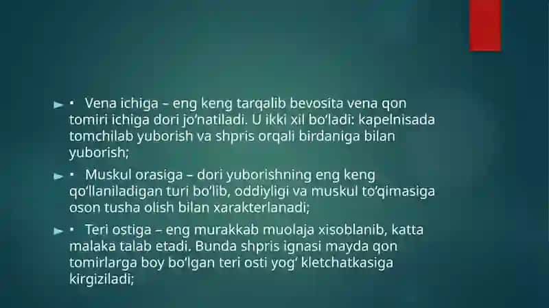 Muolaja xonasida dori vositalarini teri osti, mushak orasiga va vena ichiga in’eksiya qilish metodika bilan tanishish 4