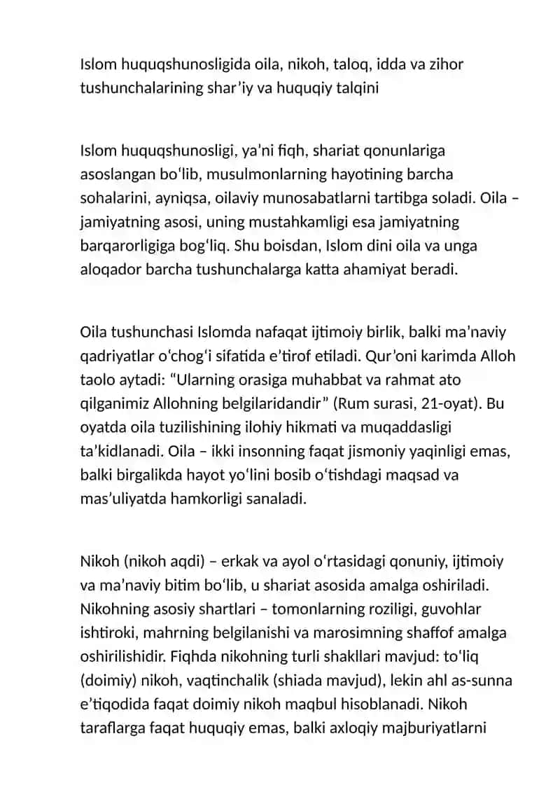 Islom huquqshunosligida oila, nikoh, taloq, idda, zihor, tushunchalarining ta’riflash haqida esse 4